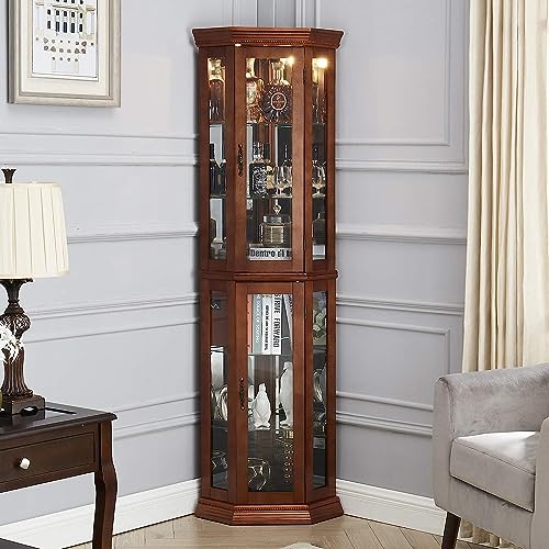 Walnut Wooden Corner Curio Cabinet with Adjustable Tempered Glass Shelves B64231