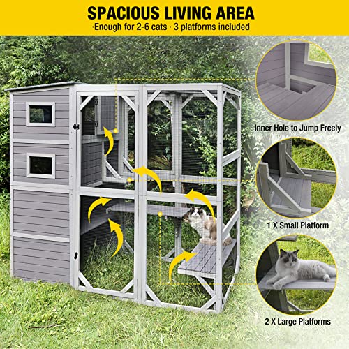 Large 4 Tiers Cat Enclosures House with Weatherproof Roof 70" H 77" L U576625