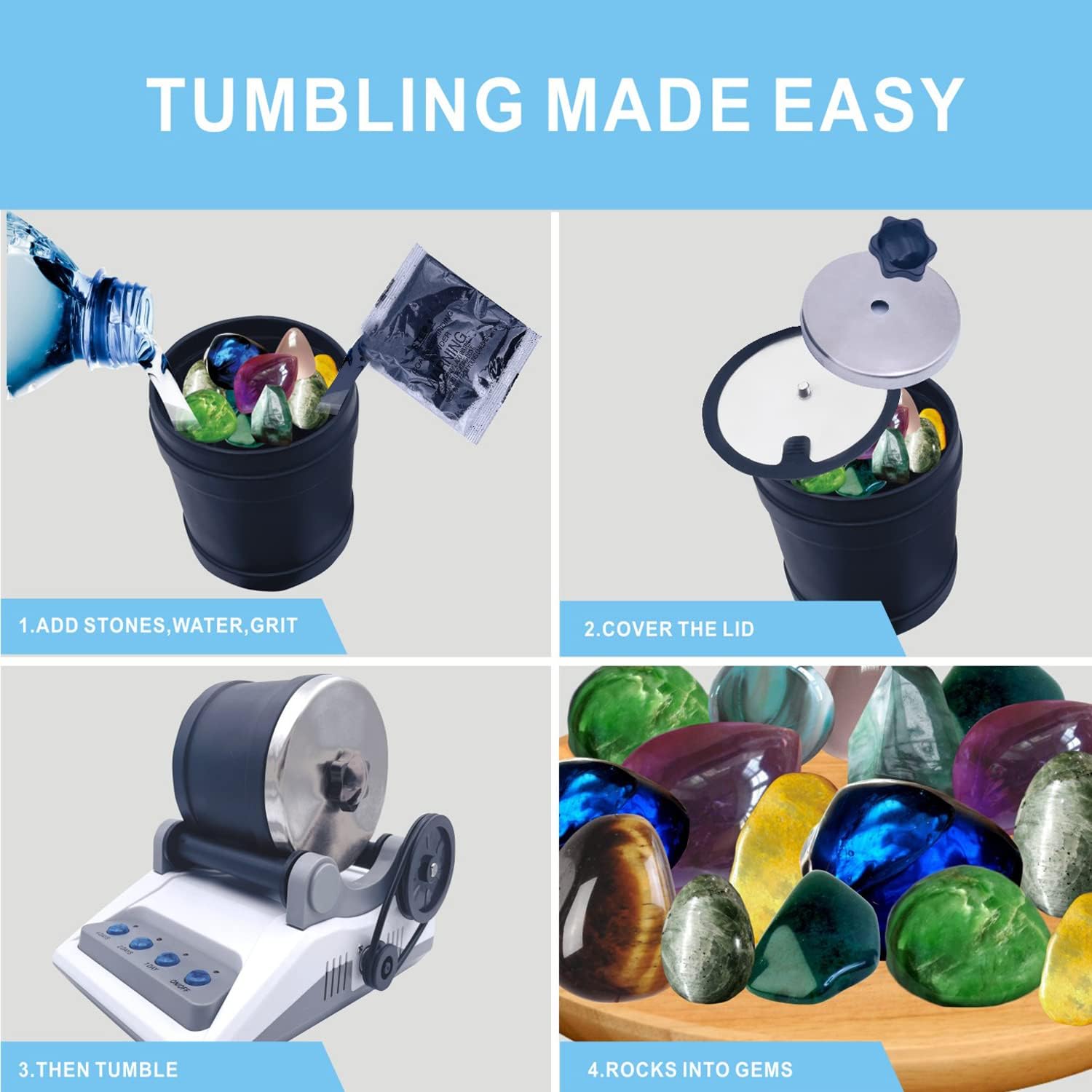 Rock Tumbler Kit with Rough Stones, Polishing Sands, Jewelry Fasteners T3202