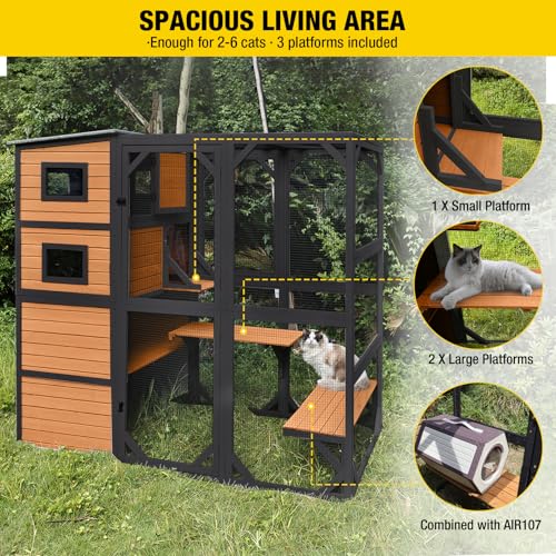 Large 4 Tiers Cat Enclosures House with Weatherproof Roof 70" H 77" L U576625