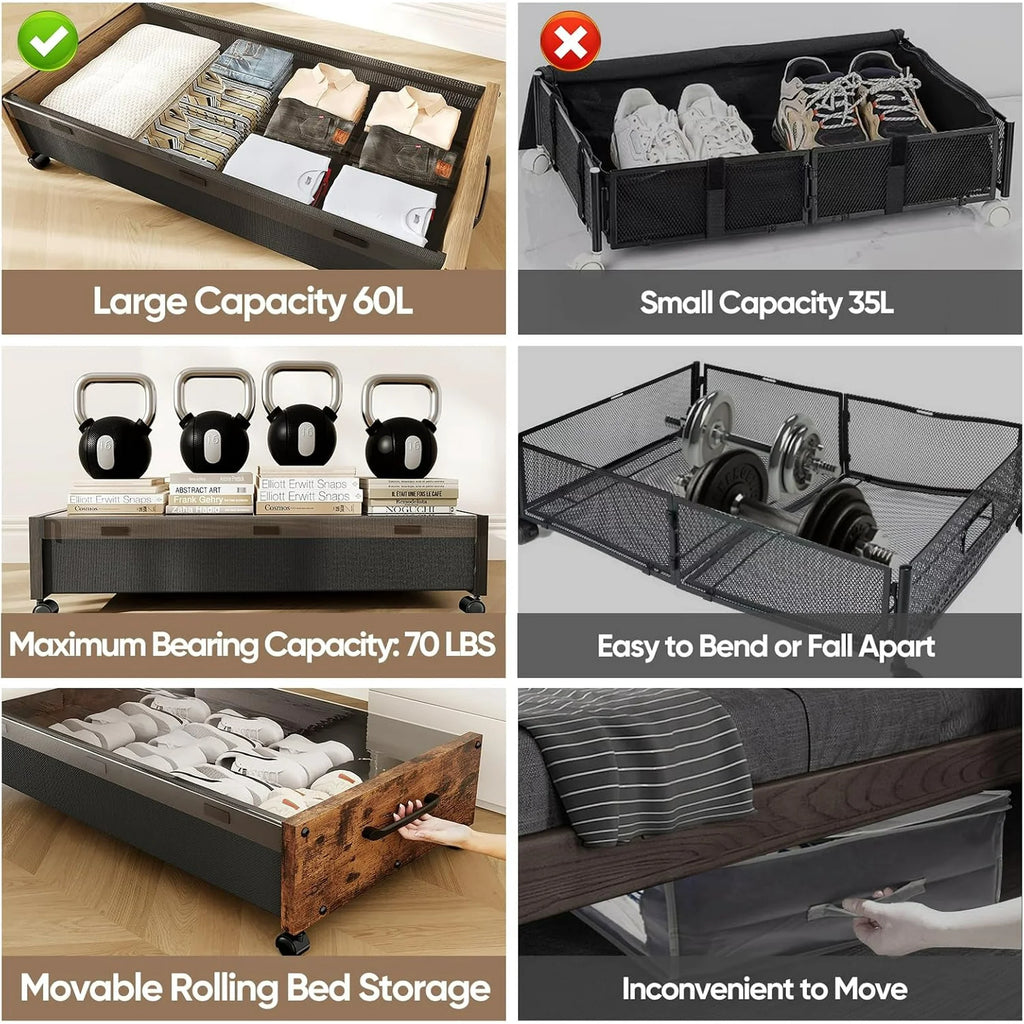 80L Extra-large Rolling Under Bed Storage Bins 2 Pack with Removable Lid B423