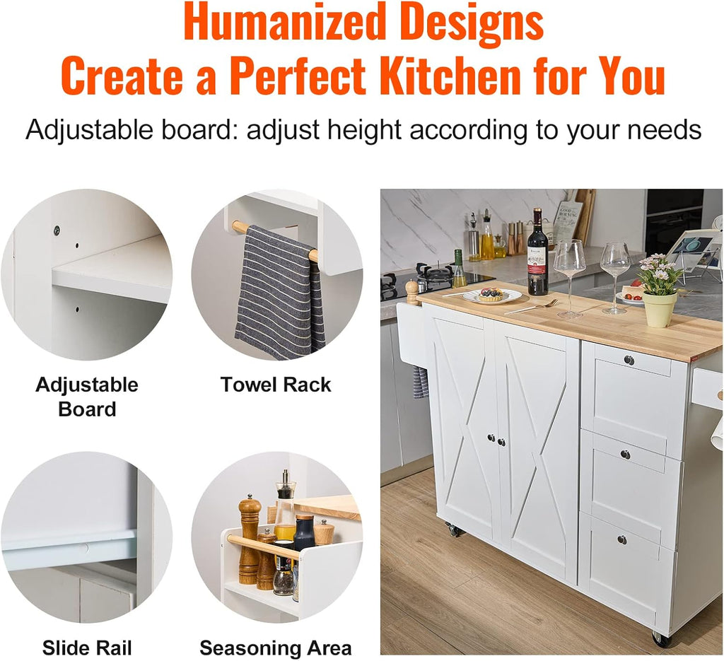 White Solid Wood Top Kitchen Island Cart with Storage Cabinet and Drop Leaf S871