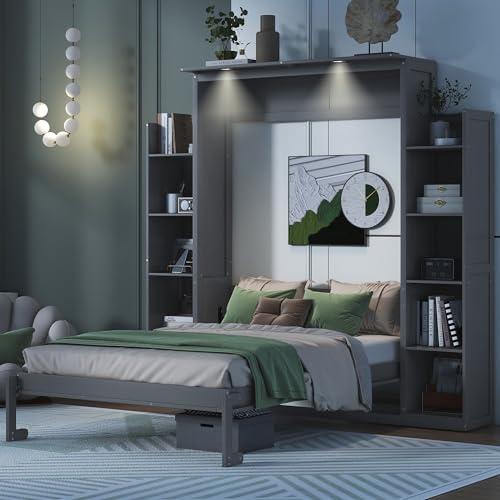 Queen Size Murphy Bed with Storage Shelves and LED Lights, Gray C5124