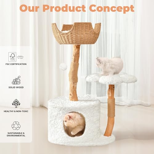 White Wood Cat Tree with Scratching Posts and Flower Platforms O520415