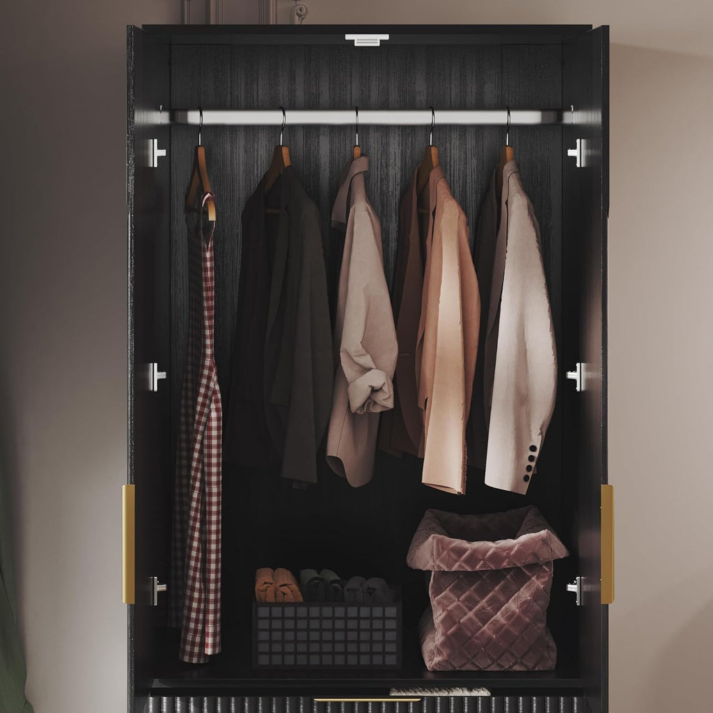 Black Wooden Wardrobe Armoire with 2 Doors and 3 Drawer S78274