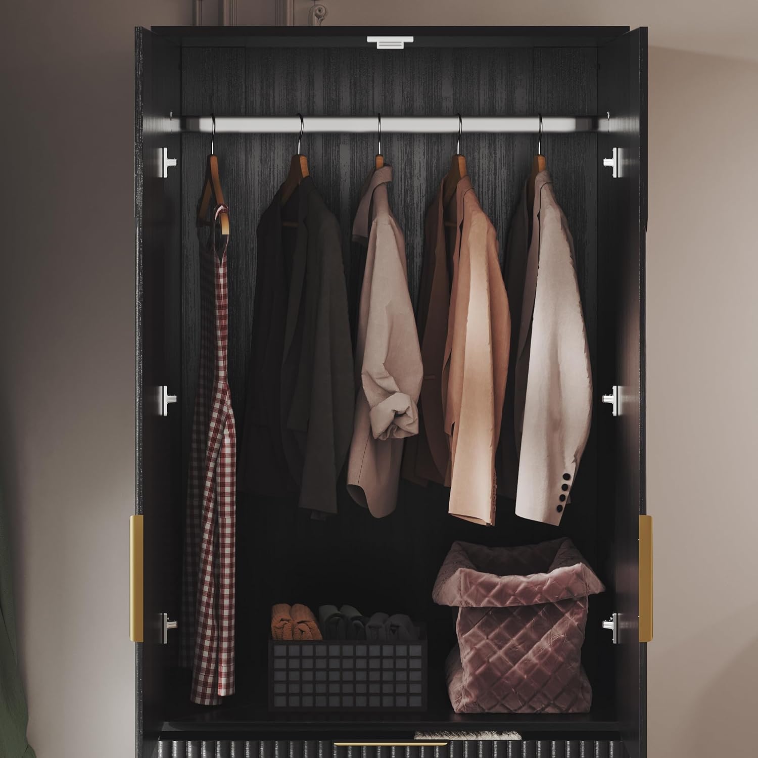 Black Wooden Wardrobe Armoire with 2 Doors and 3 Drawer S78274