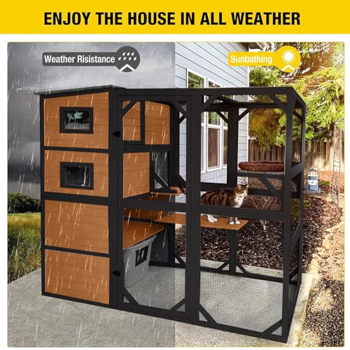 Large 4 Tiers Cat Enclosures House with Weatherproof Roof 70" H 77" L U576625