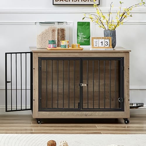 Large Dog Kennel Furniture with 1 Stainless Steel Bowls (43Inch Grey) R206