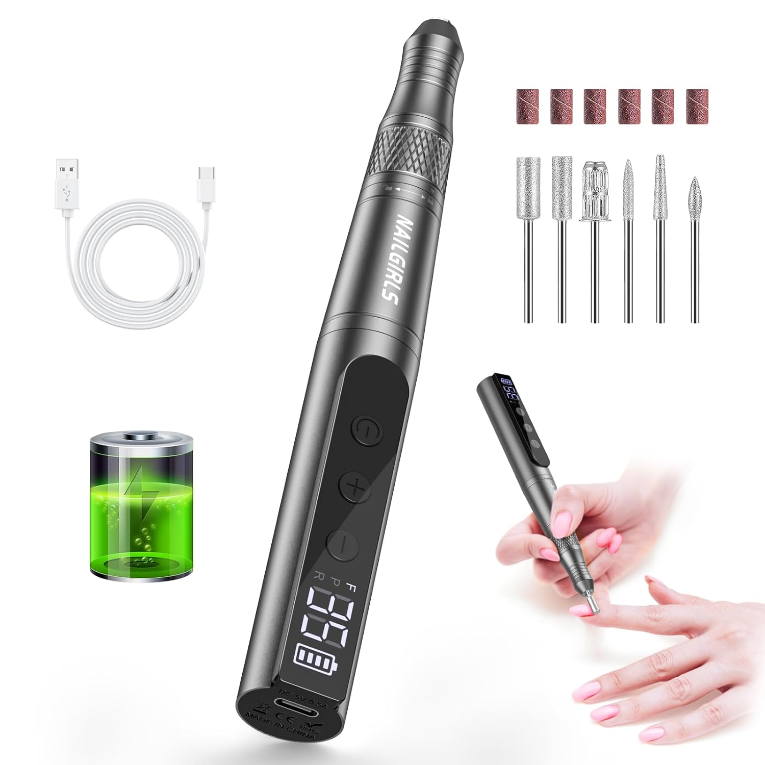 Cordless Electric Nail Drill 35000rpm with Drill Bits Set Gray N261597