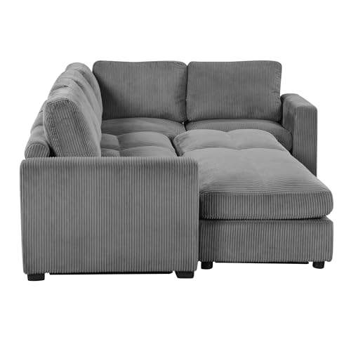 Gray Corduroy Modular Sofa with Two Ottomans J514554