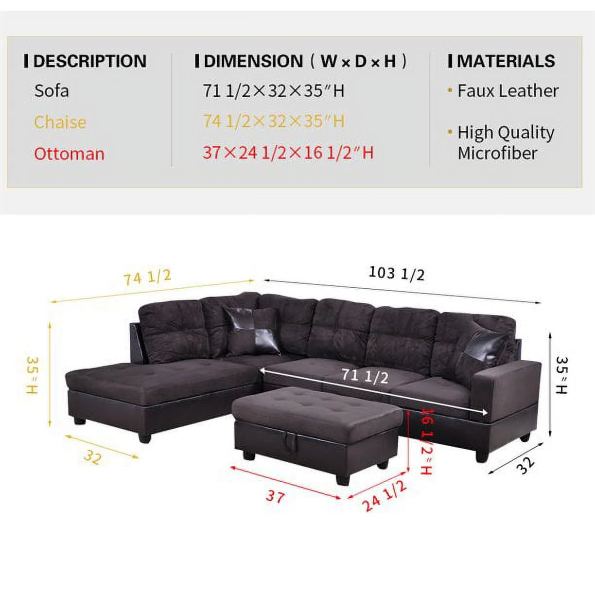 103.5" Wide Corner Microfiber Sectional Sofa with Storage Ottoman T14661