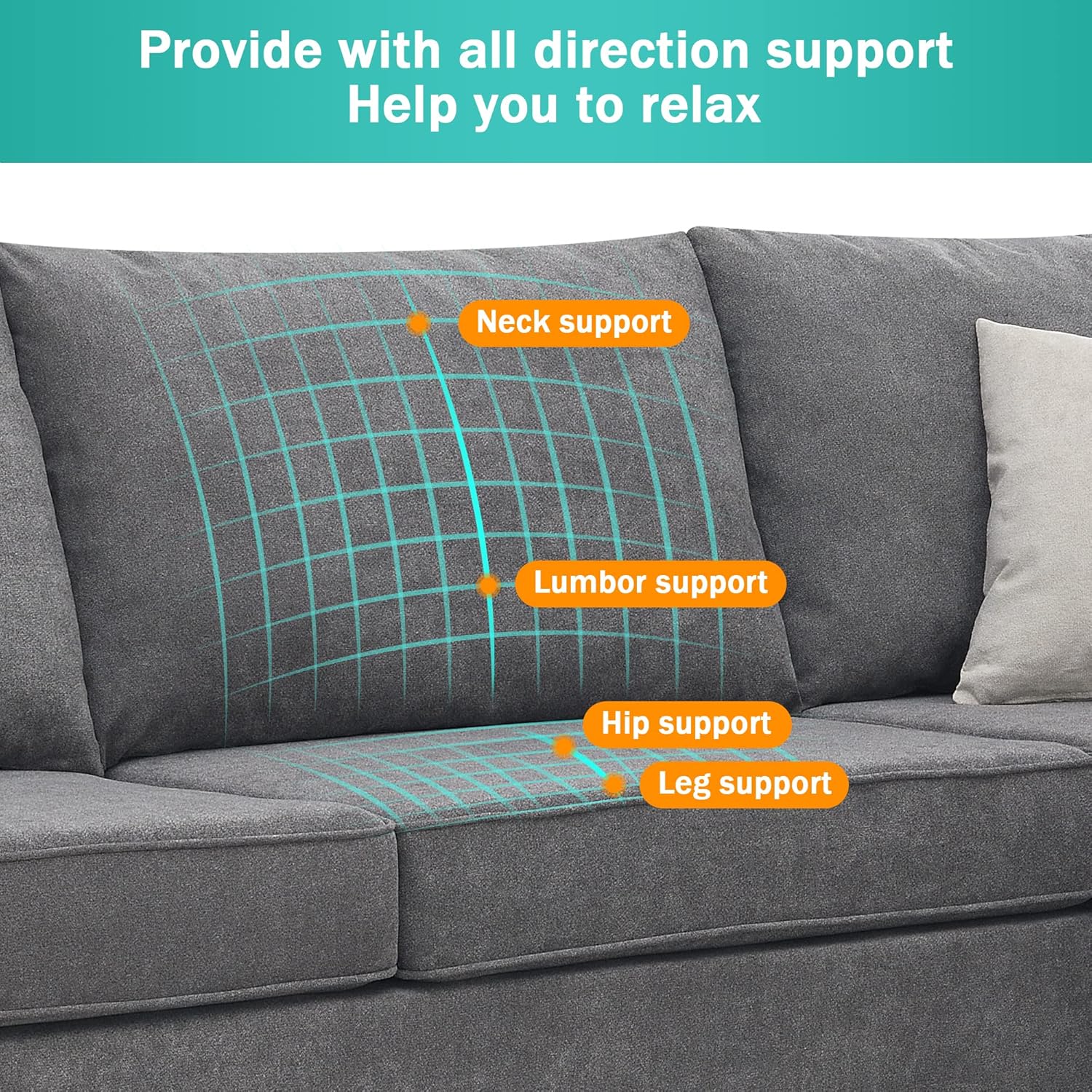 Grey Upholstered L Shape Sectional Sofa with 3 Pillows M891