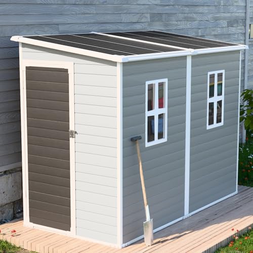 8x6 FT Resin Outdoor Storage Shed with Floor & Lockable Door & 2 Windows, Dove Grey Y58879