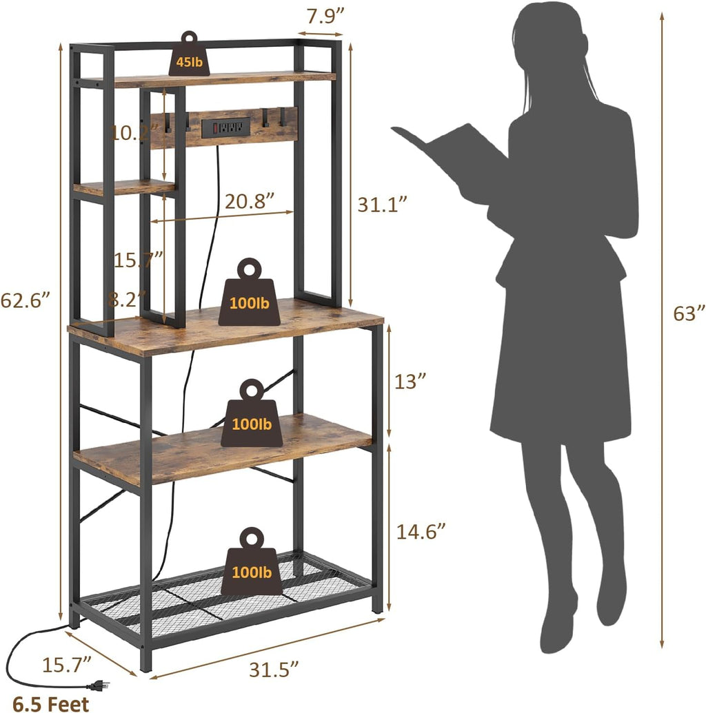 5-Tier Metal Bakers Rack with Power Outlet, Rustic Brown L389