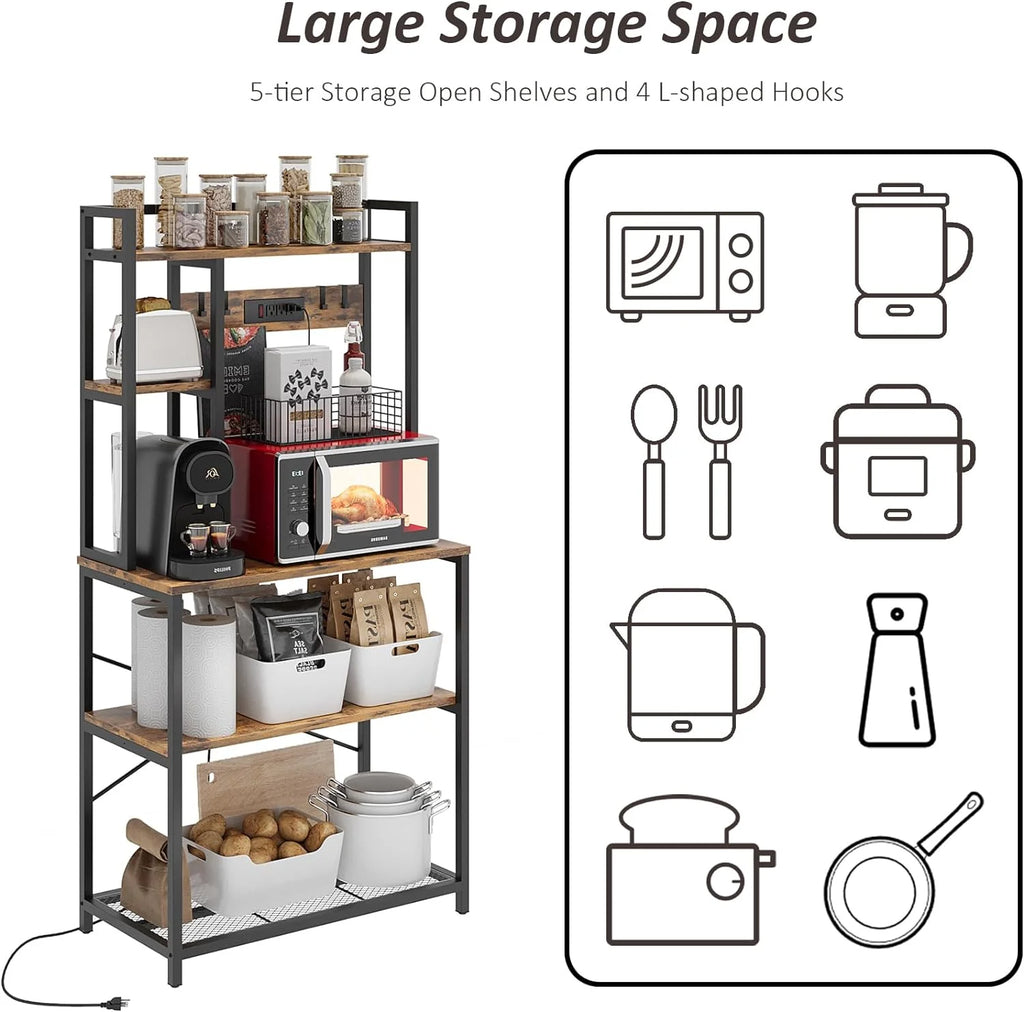 5-Tier Metal Bakers Rack with Power Outlet, Rustic Brown L389