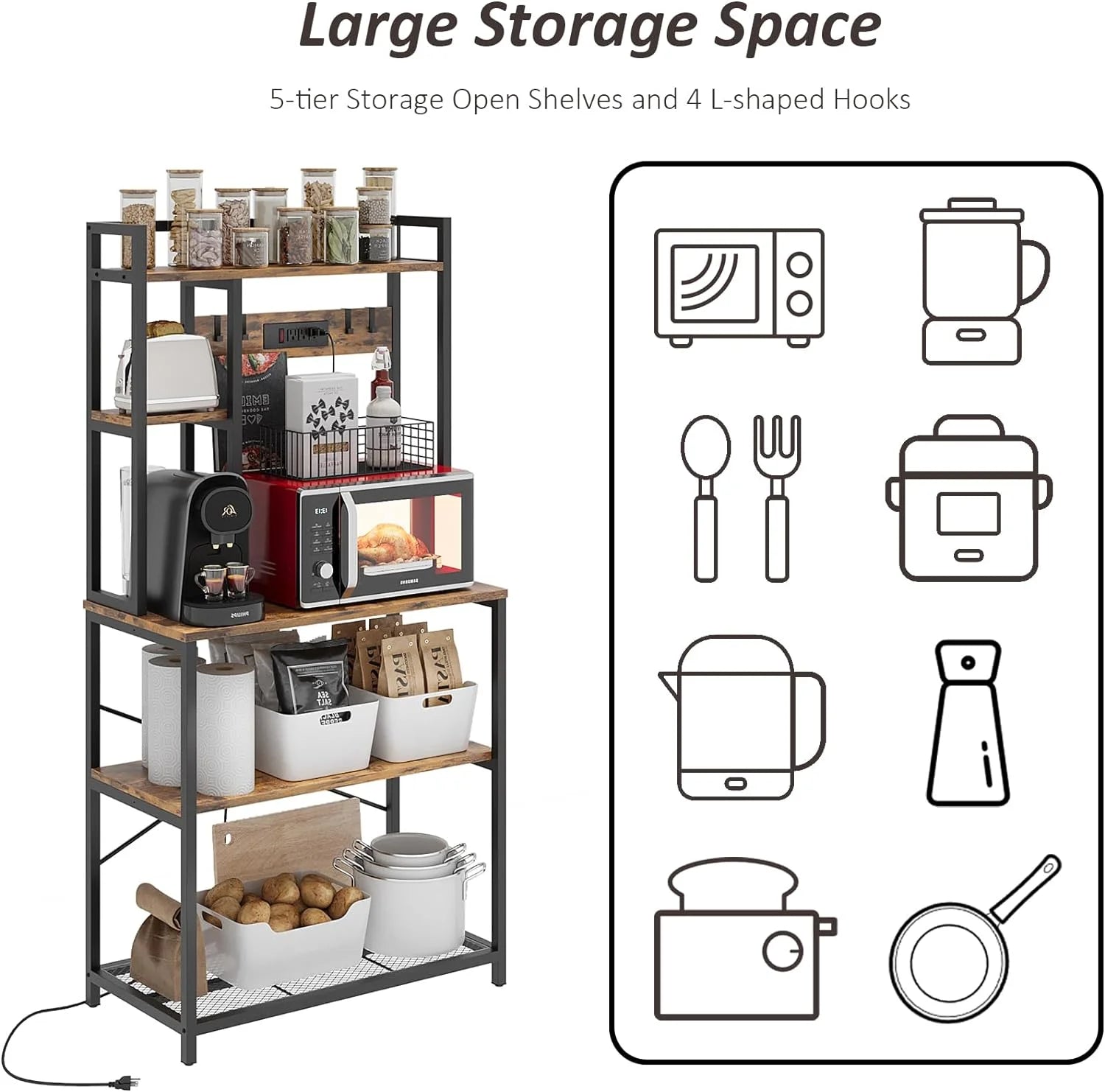 5-Tier Metal Bakers Rack with Power Outlet, Rustic Brown L389