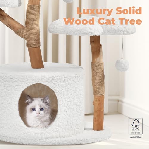 White Wood Cat Tree with Scratching Posts and Flower Platforms O520415