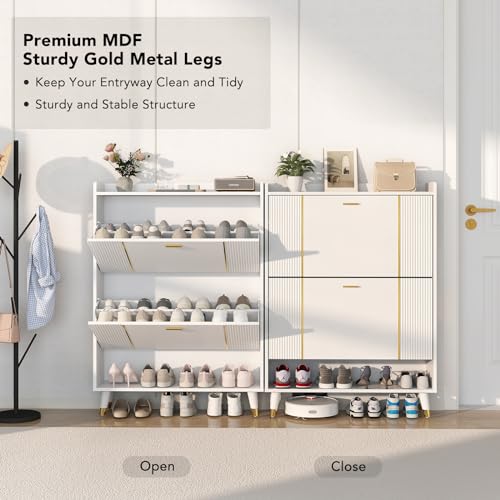 White 3 Flip Drawers Wooden Shoe Cabinet, Holds 28 Pairs G650264