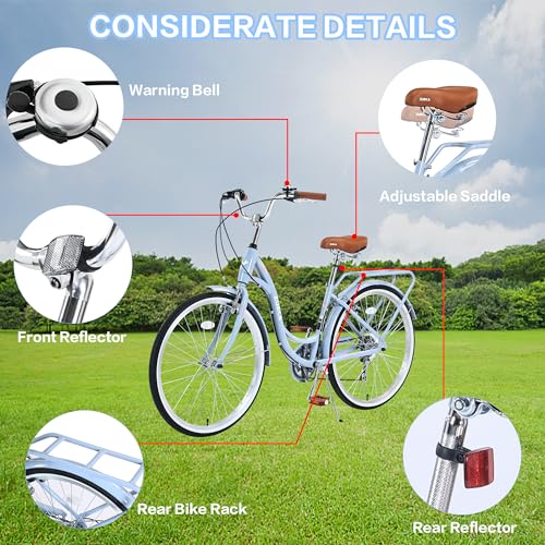 26 Inch Beach Cruiser Bike with 7 Speed, Adjustable Seat, Anti-Skid Tires, Front and Rear V-Brakes Q364312