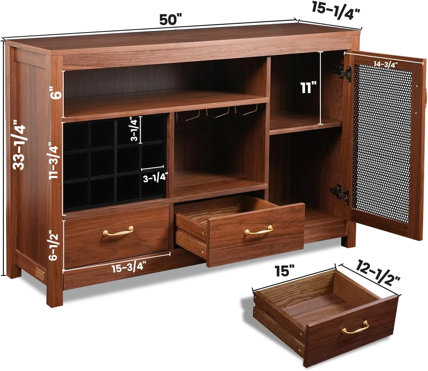 Solid Walnut Hardwood Bar Cabinet with Storage and Large Drawer P9046