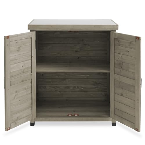 Gray Wooden Potting Bench with Metal Tabletop and Storage Cabinet S184280