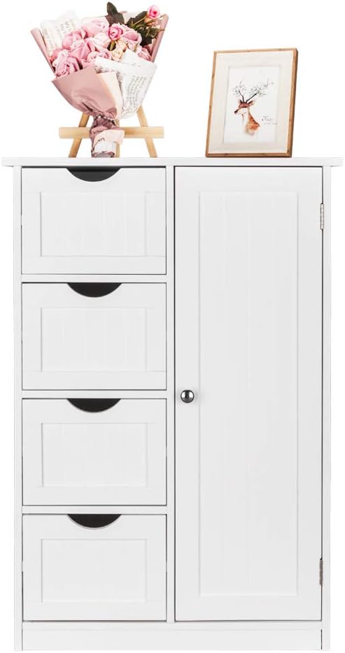 White 4 Drawer Single Door Bathroom Floor Cabinet S57671
