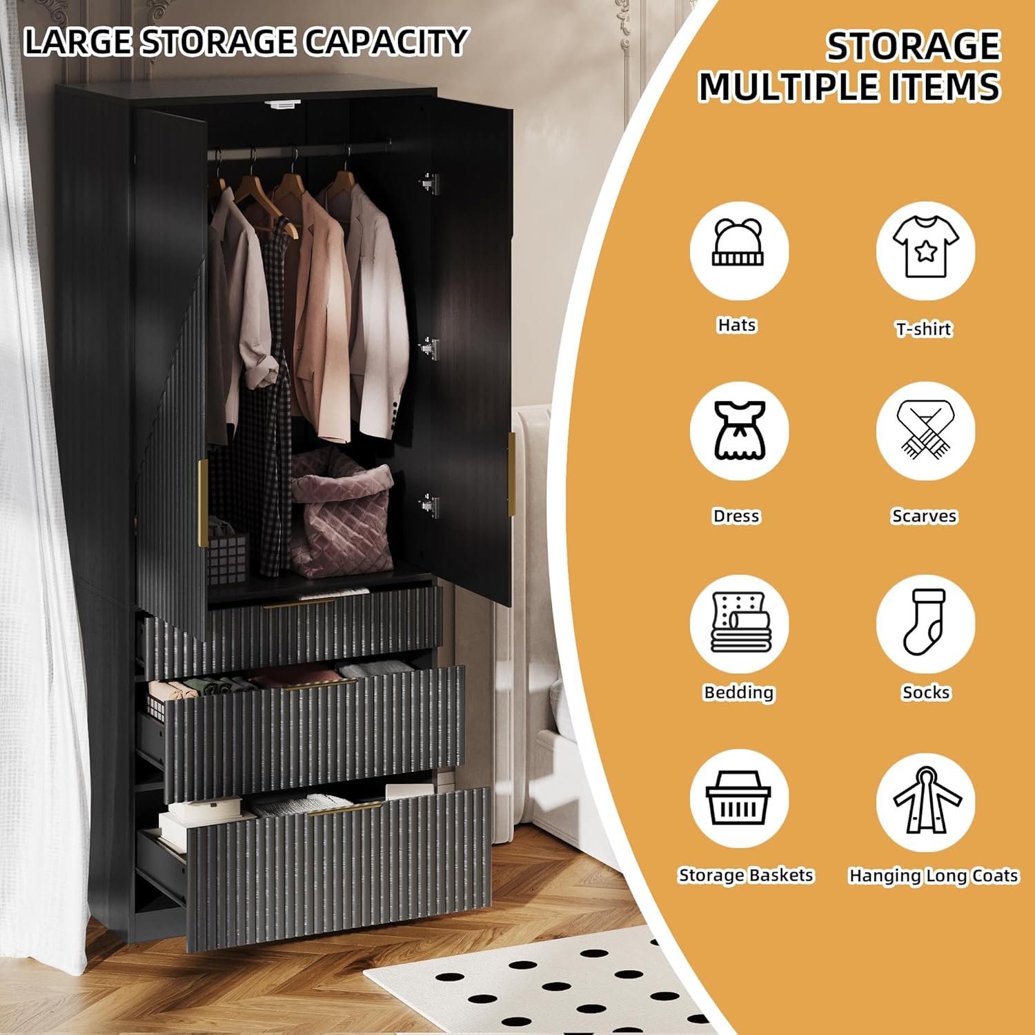 Black Wooden Wardrobe Armoire with 2 Doors and 3 Drawer S78274
