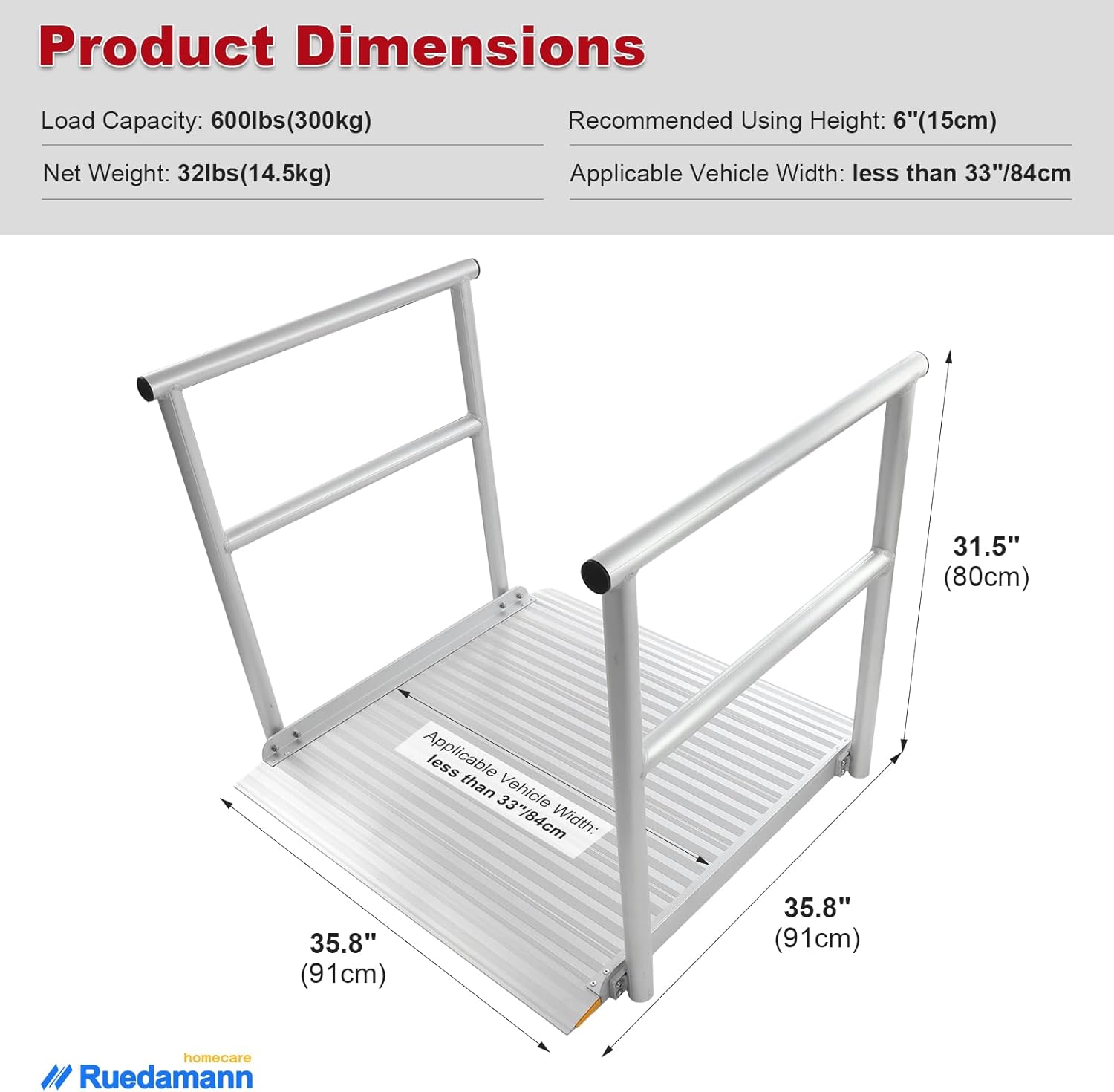 Aluminum Wheelchair Ramp with Handrails, 600 Lbs Capacity, Non-Slip A426001
