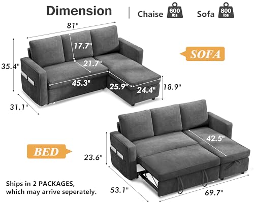 81" Chenille Grey L Shaped Sleeper Sofa with Pull Out Bed J204698