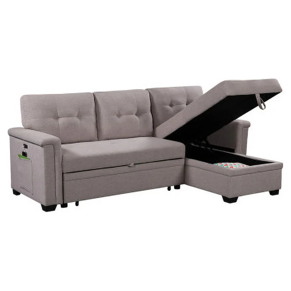 Light Gray Reversible Sleeper Sectional Sofa with Storage Chaise Q88949