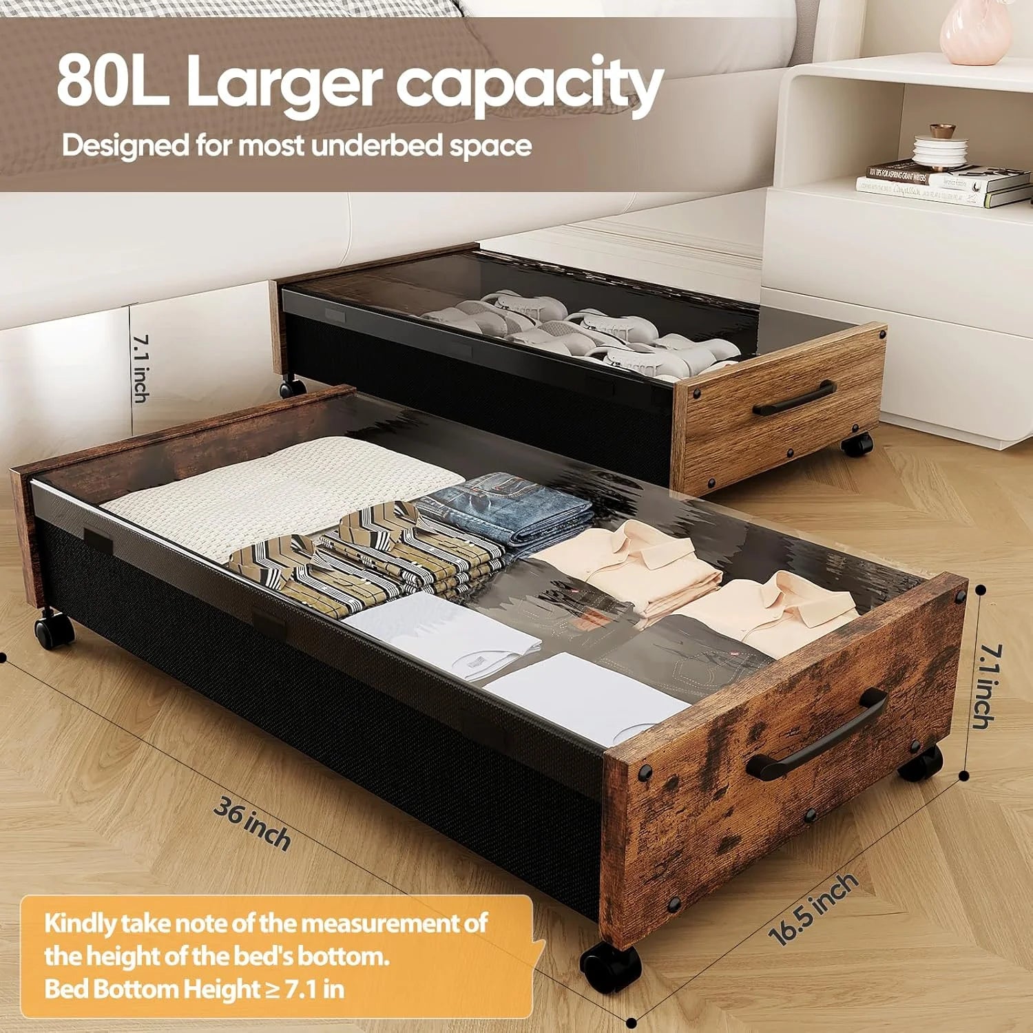 80L Extra-large Rolling Under Bed Storage Bins 2 Pack with Removable Lid B423