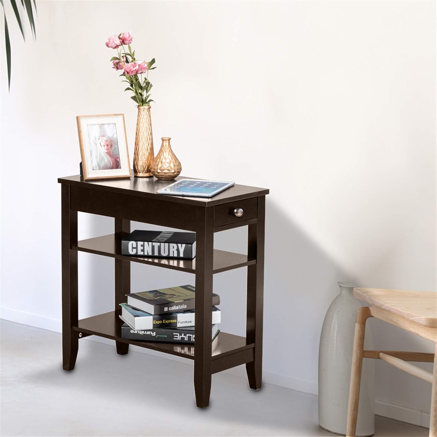 Brown End Table with Drawer, 2-Tier Open Storage Shelves, 11.2" L x 23.62" W x 24" H D5825