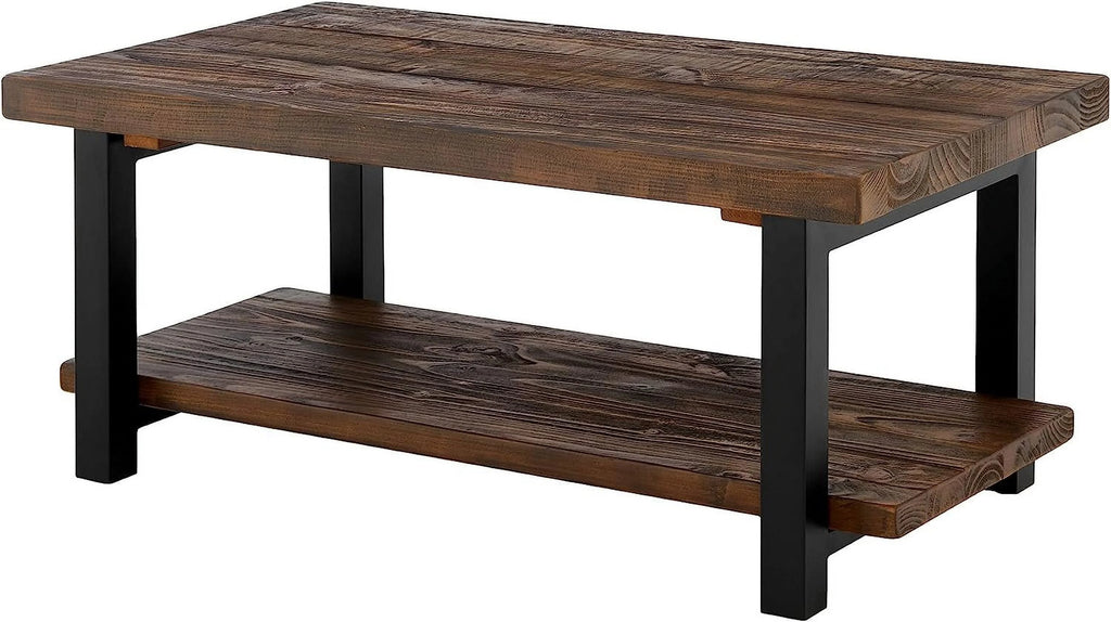 Rustic Industrial Metal and Solid Wood Coffee Table 42 in x 24 in x 18 in Brown E96563