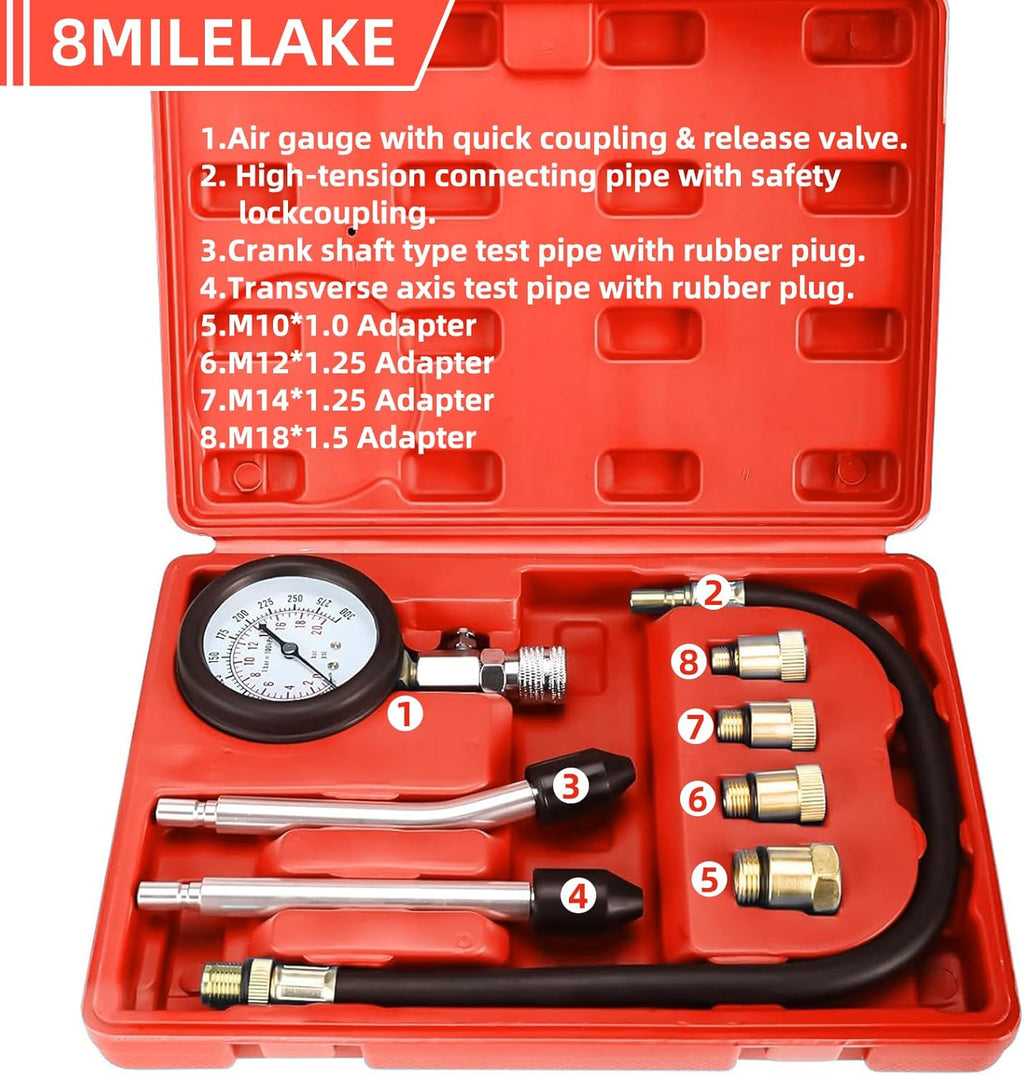 Engine Compression Tester, 0-300 PSI, 8pcs Compression Tester with Adapters A664