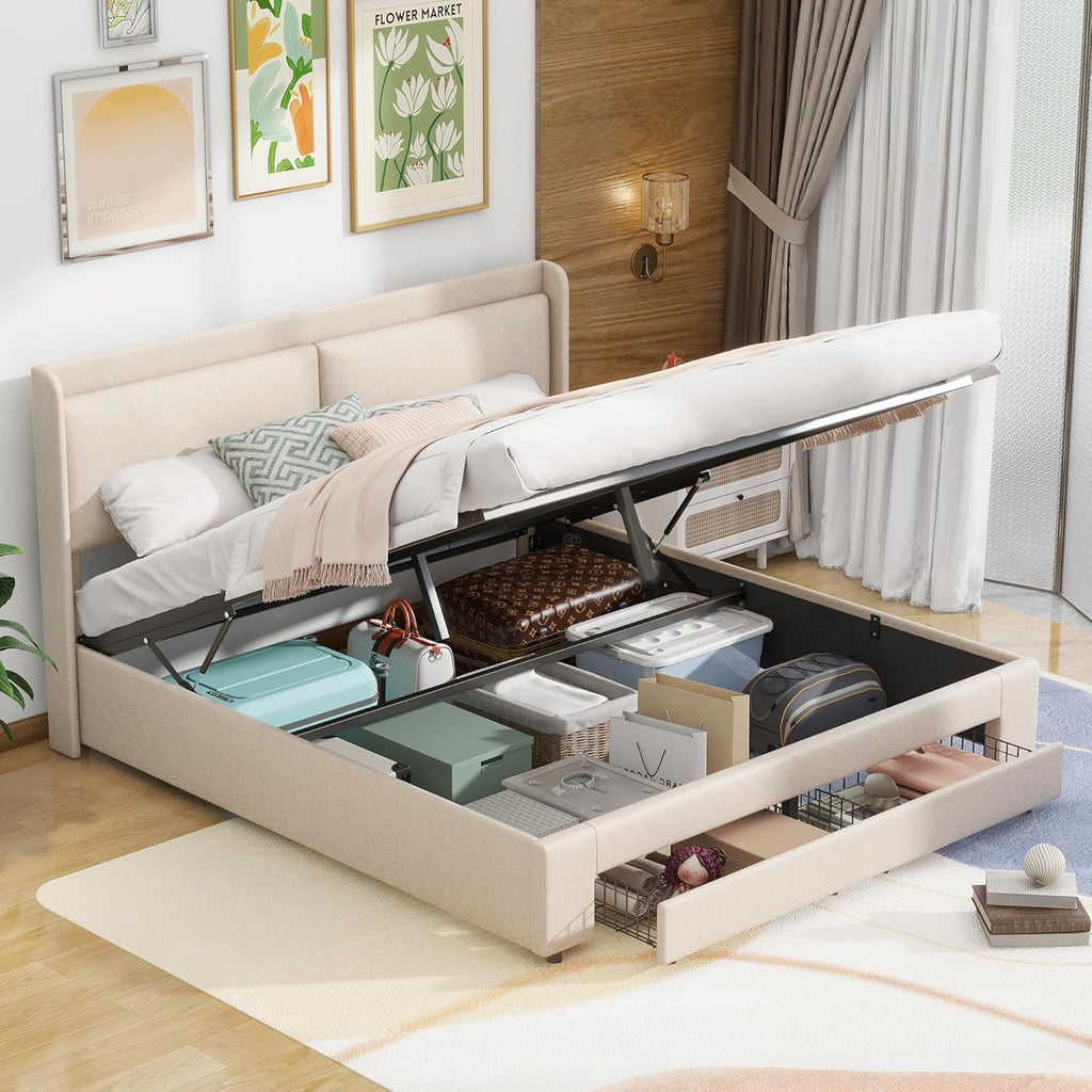 Beige Queen Size Platform Bed Frame with Lift Up Storage and 2 Drawers E7894