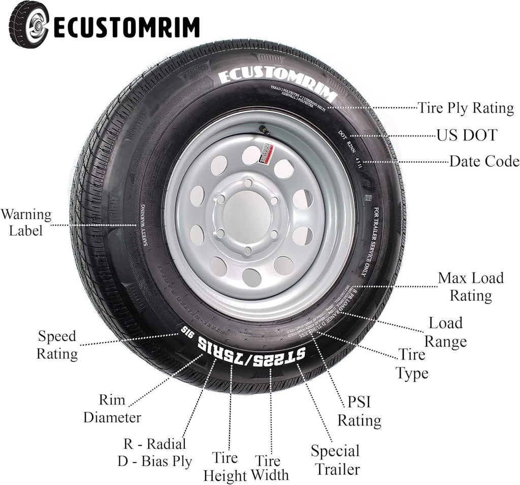 Radial Trailer Tire On Rim ST225/75R15 225/75-15 15 D 6 Lug Wheel Silver Modular X498