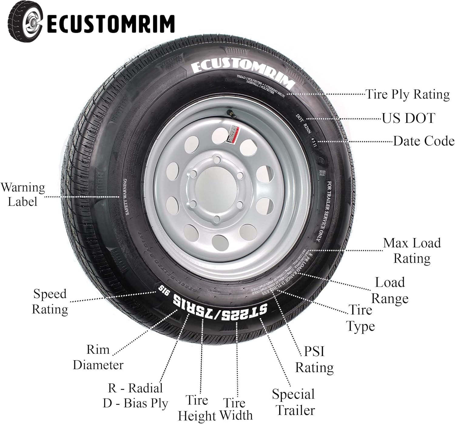 Radial Trailer Tire On Rim ST225/75R15 225/75-15 15 D 6 Lug Wheel Silver Modular X498