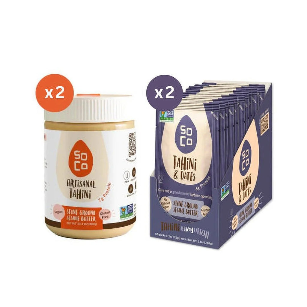 2 x Tahini Jars 380 Grams with 2 x Tahini & Dates Squeeze Packs Box of 10 Q2662