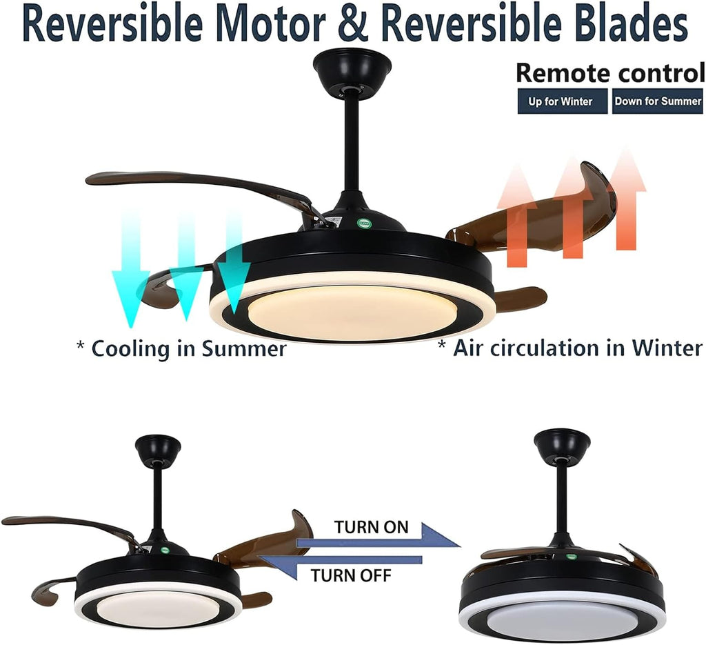 42 Inch Retractable Ceiling Fan with Lights Remote Silent Motor 6 Speed 3 Color Change Timer X69995