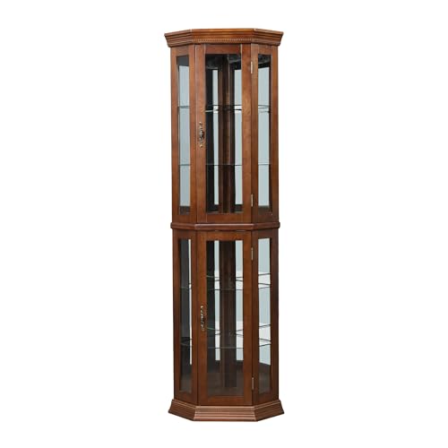 Walnut Wooden Corner Curio Cabinet with Adjustable Tempered Glass Shelves B64231