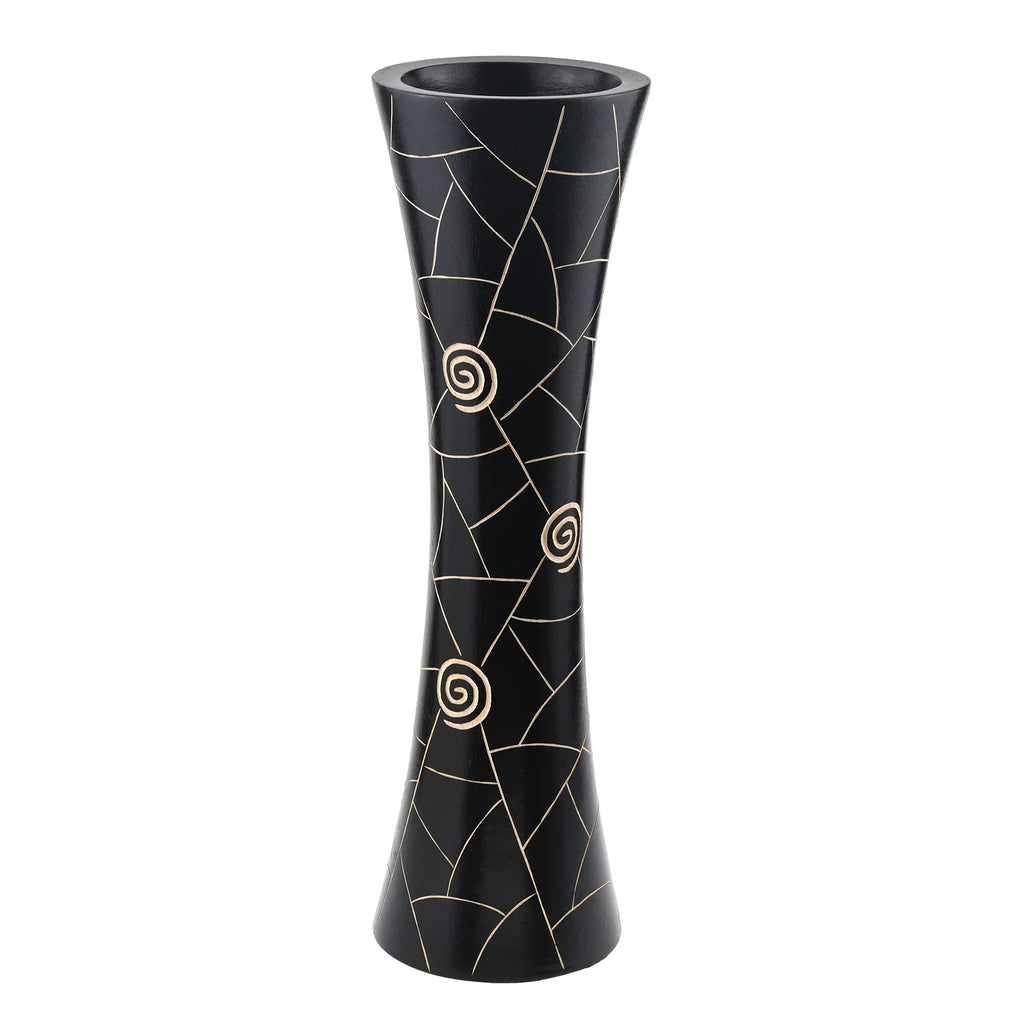 Black Golden Geometric Etch Natural Mango Tree Wood Concaving Vase X160239