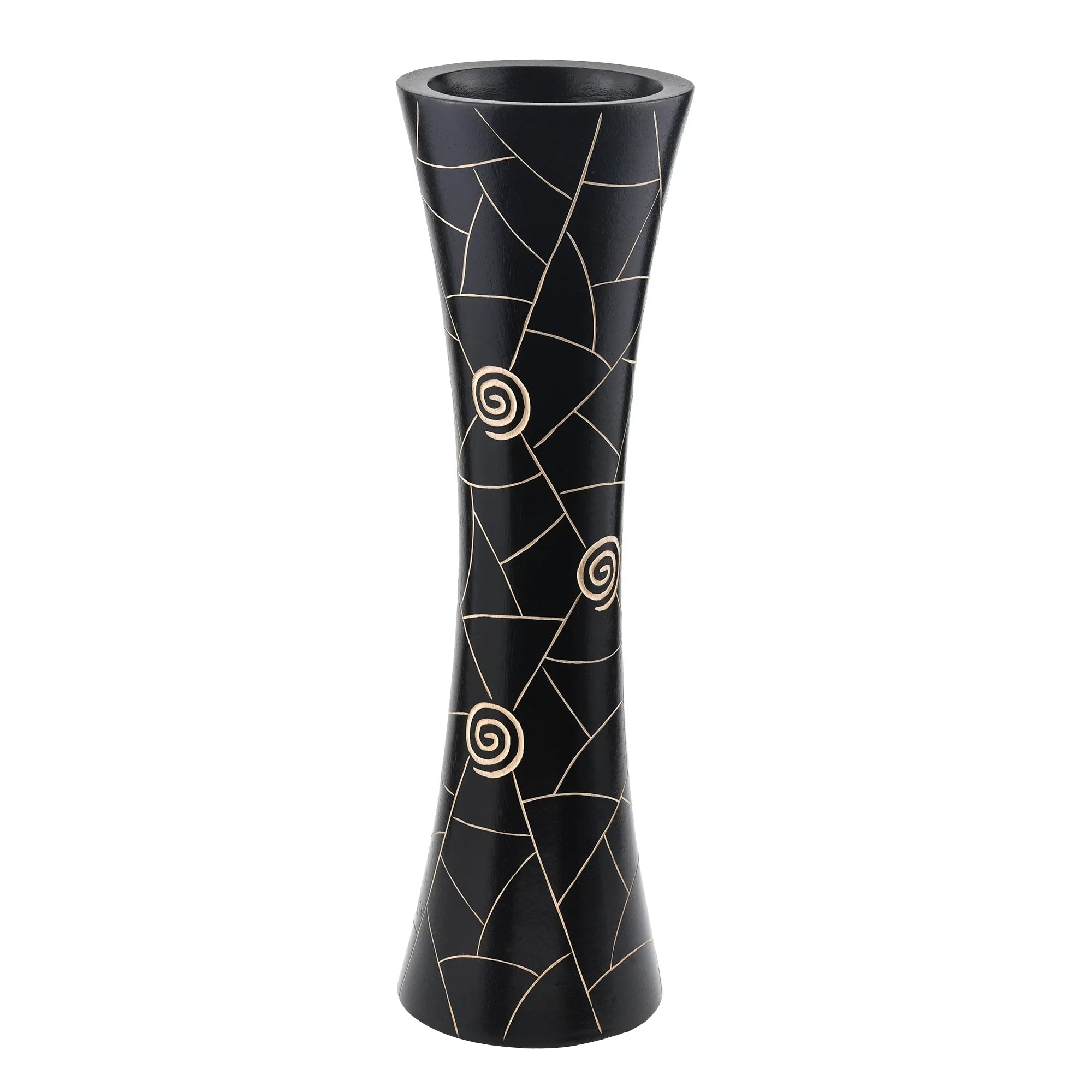 Black Golden Geometric Etch Natural Mango Tree Wood Concaving Vase X160239