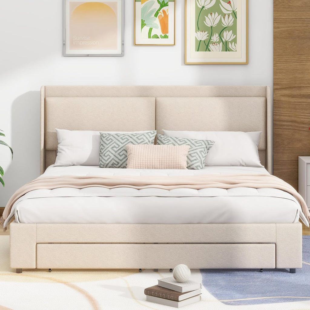 Beige Queen Size Platform Bed Frame with Lift Up Storage and 2 Drawers E7894