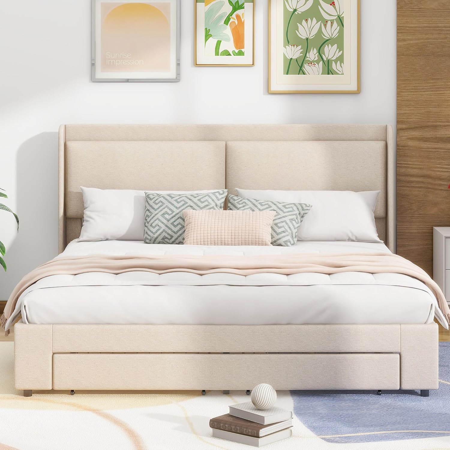 Beige Queen Size Platform Bed Frame with Lift Up Storage and 2 Drawers E7894