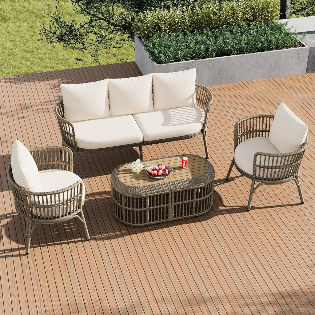 4-Piece Rattan Outdoor Patio Conversation Set with Coffee Table (Brown Grey) R13544