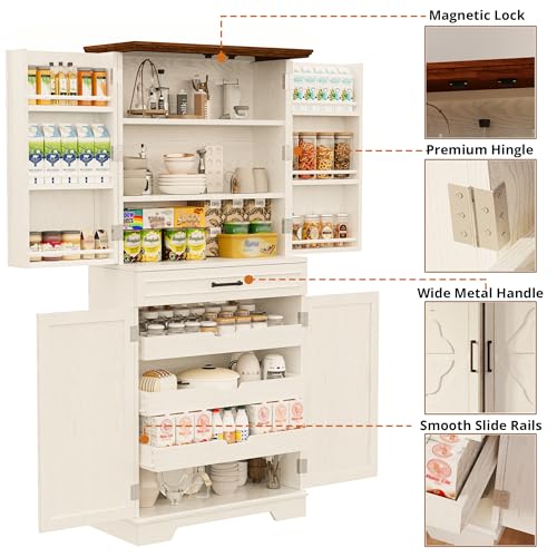 White 72" Tall Freestanding Pantry Cabinet with Sliding Storage Rack and 6 Hanging Shelves C8323