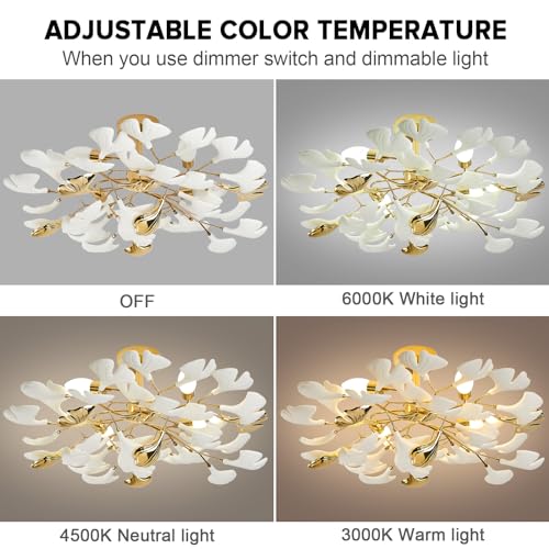 Gold Ceramic Ginkgo Leaf Semi Flush Mount Ceiling Light Fixture, 24" C5740