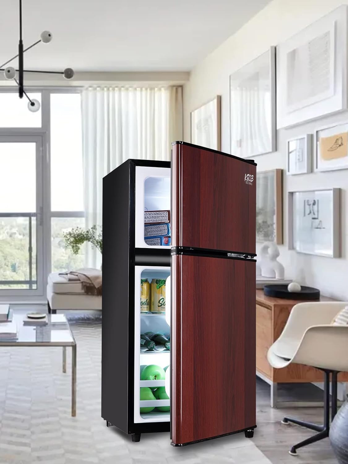 Mini Fridge With Freezer, Compact Refrigerator With 2 Doors, 3.5 Cu. Ft Wood J30060