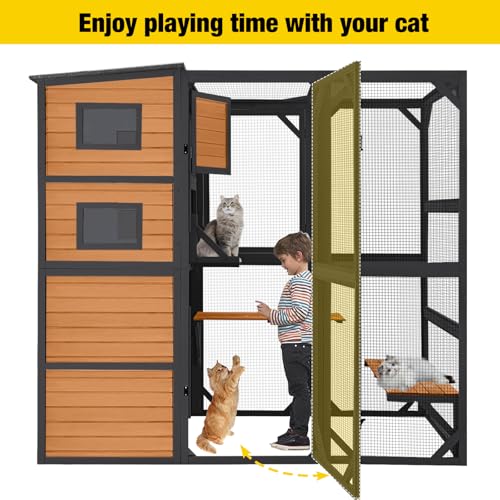 Large 4 Tiers Cat Enclosures House with Weatherproof Roof 70" H 77" L U576625