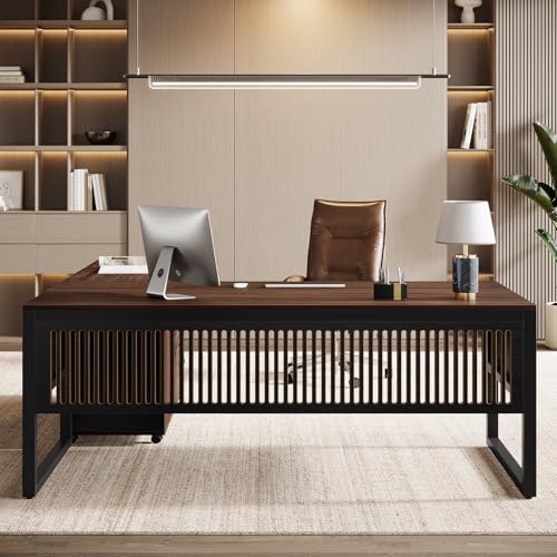63-Inch L-Shaped Executive Desk with Mobile File Cabinet, Drawers and Storage Shelves, Dark Walnut & Black U47691